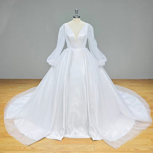 Simple Satin and Tulle Ball Gown Wedding Dress with Detachable Shawl and Backless Design