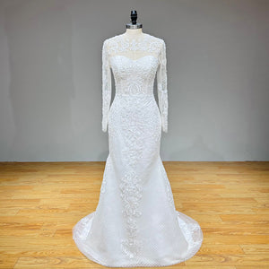 Long Sleeve Mermaid Wedding Dress with Jacket and Pearls Appliques