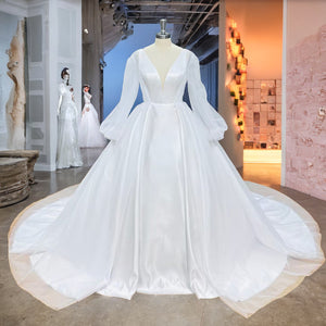 Simple Satin and Tulle Ball Gown Wedding Dress with Detachable Shawl and Backless Design