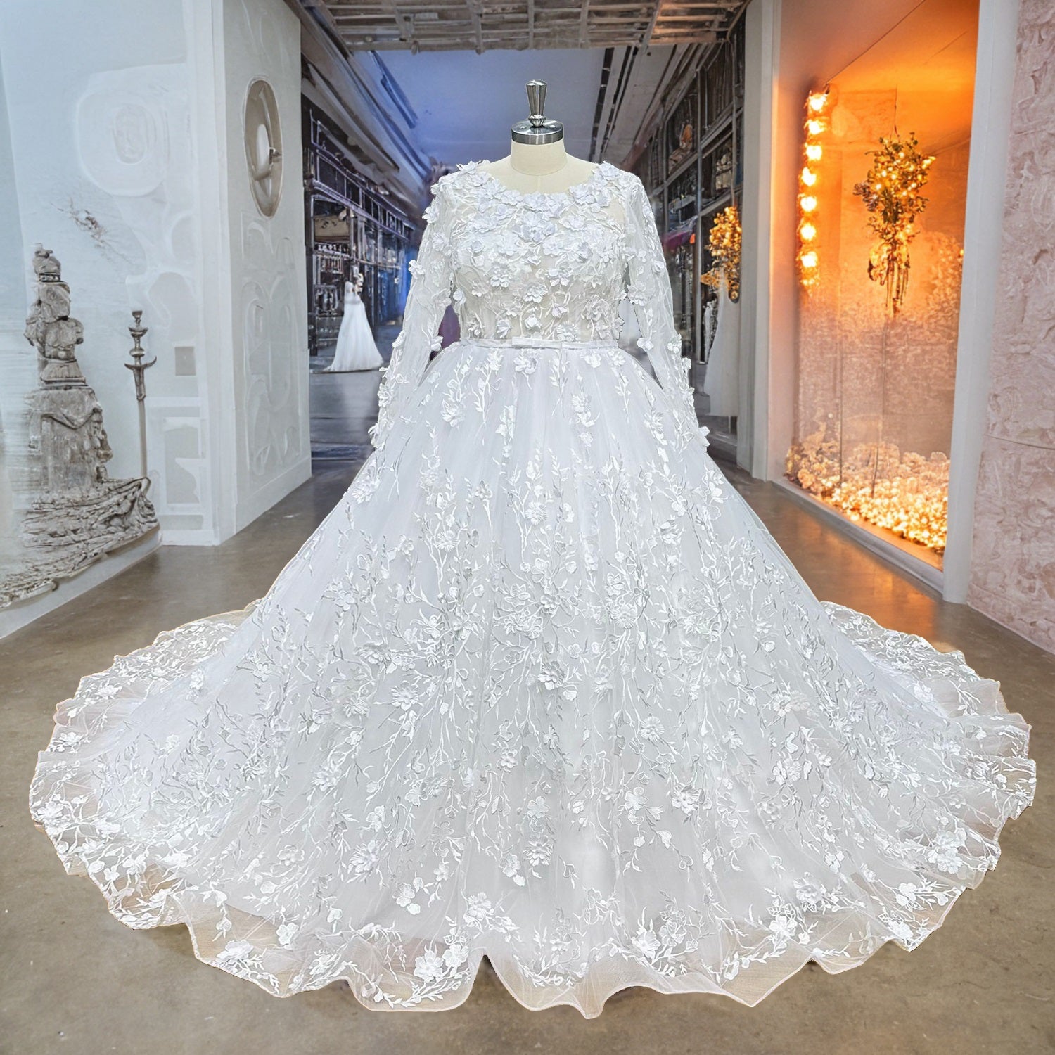 3D Flowers Ball Gown Wedding Dress with Long Sleeves Satin Belt and Vintage Detail