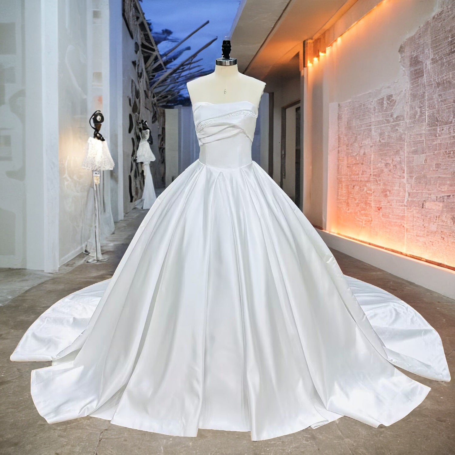 Off the Shoulder Satin Ball Gown Wedding Dress with Lace Up Beading and Pearls