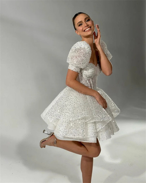 Short Sequined Beadings Wedding Dress Puff Sleeves Princess Sweetheart Party Dress