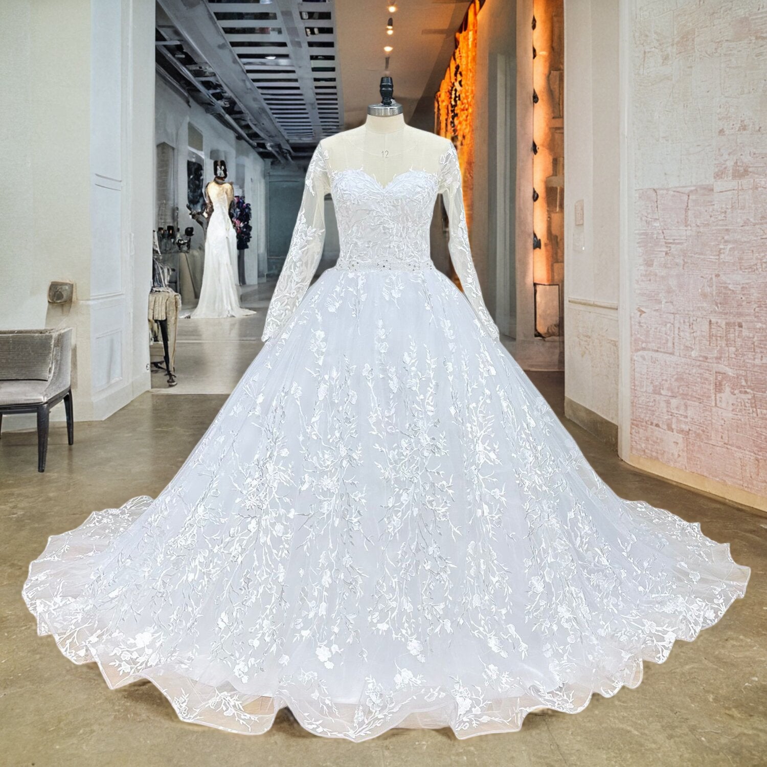 Long Sleeve Ball Gown Wedding Dress with Crystal Beading Belt and Cut-out Back