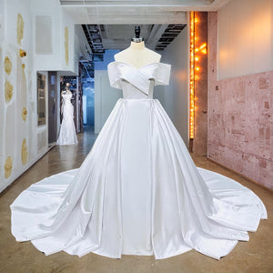 Off the Shoulder High-Quality Satin Ball Gown Wedding Dress with Button Back and Zipper