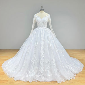 Elegant O-Neck Ball Gown Wedding Dress Long Sleeves Illusion Back Luxury Bridal Gown