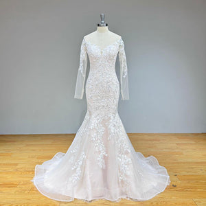 Long Sleeve Mermaid Wedding Dress O Neck Vintage Illusion Back Elegant Bridal Gown