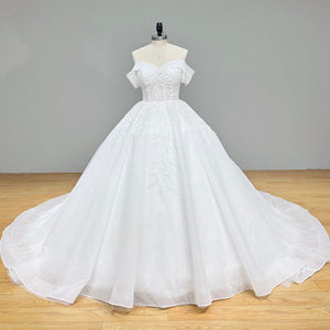 Princess V-Neck Ball Gown Wedding Dress Off the Shoulder Beading Appliques Luxury