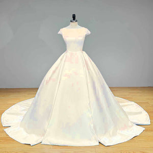 High Quality Satin Ball Gown Wedding Dress Cap Sleeves Illusion Back Bridal Gown