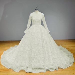 New Arrival Glitter Tulle Ball Gown Wedding Dress with Long Sleeves and Illusion Back