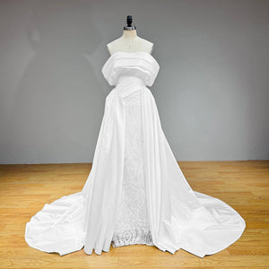 New Arrival Boat Neck Satin Off the Shoulder Wedding Dress with Beading Pearls