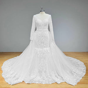 Long Sleeve Mermaid Wedding Dress with Detachable Train and Cut-out Back