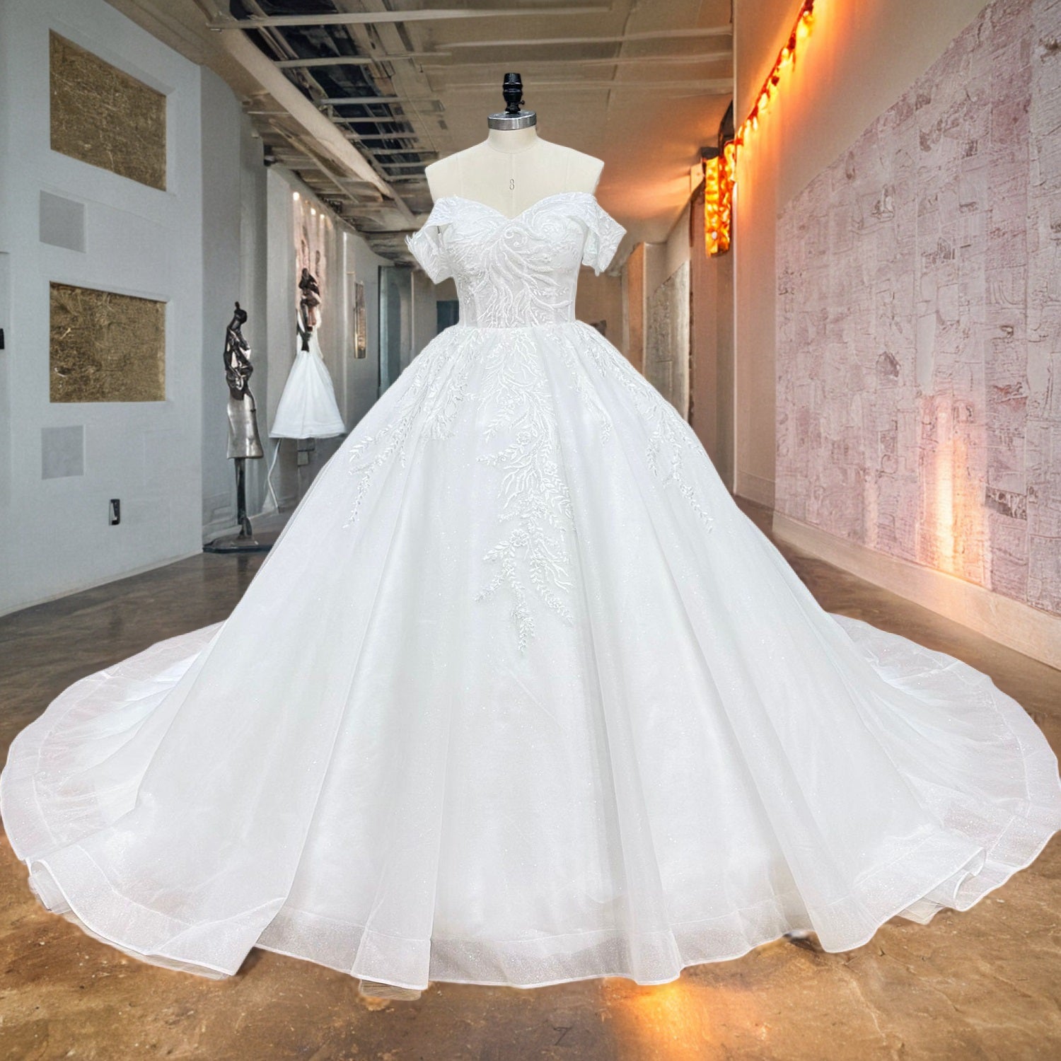 Princess V-Neck Ball Gown Wedding Dress Off the Shoulder Beading Appliques Luxury