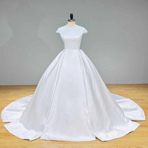 High Quality Satin Ball Gown Wedding Dress Cap Sleeves Illusion Back Bridal Gown