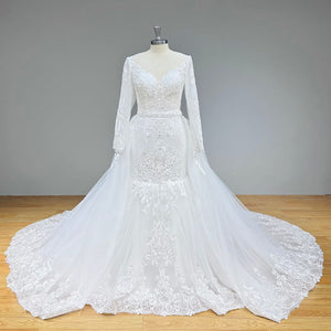 Long Sleeve Mermaid Wedding Dress with Detachable Train and Cut-out Back