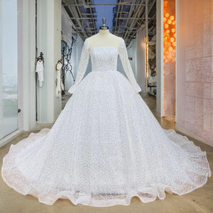 New Arrival Glitter Tulle Ball Gown Wedding Dress with Long Sleeves and Illusion Back