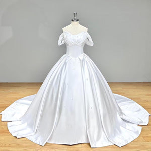 Off the Shoulder Satin Ball Gown Wedding Dress with Pleated Lace Up Back