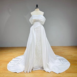 New Arrival Boat Neck Satin Off the Shoulder Wedding Dress with Beading Pearls