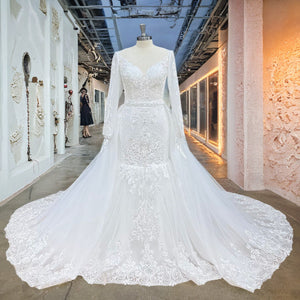 Long Sleeve Mermaid Wedding Dress with Detachable Train and Cut-out Back