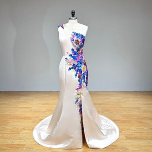 One Shoulder Evening Dress with 3D Flowers and Slit Skirt for Formal Occasions