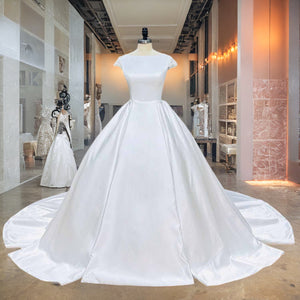 High Quality Satin Ball Gown Wedding Dress Cap Sleeves Illusion Back Bridal Gown