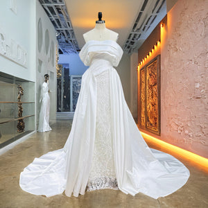 New Arrival Boat Neck Satin Off the Shoulder Wedding Dress with Beading Pearls