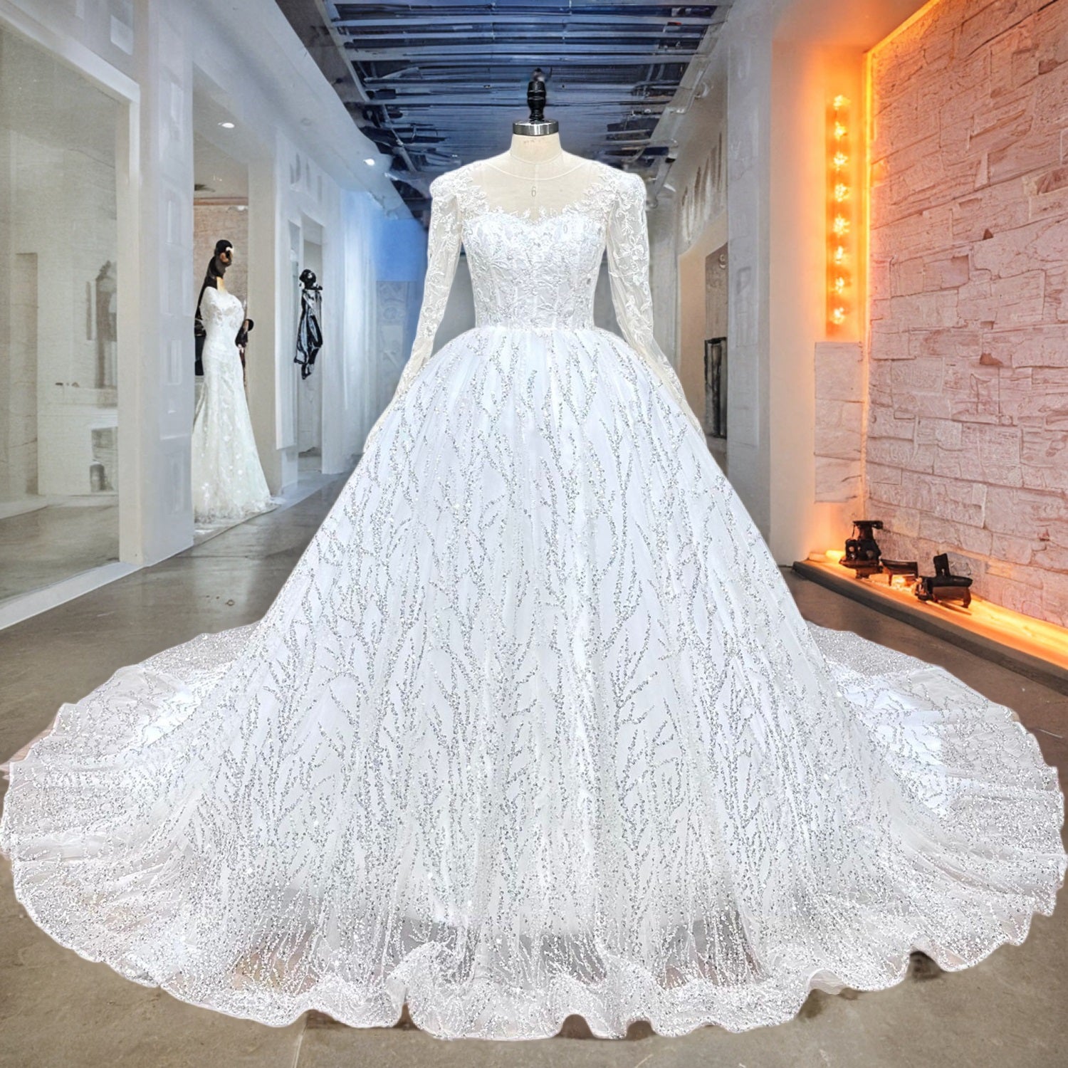 Beaded Ball Gown Wedding Dress with Long Sleeves See Through Back