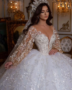 Luxury Long Sleeve Beaded Lace-Up Ball Gown Wedding Dress with Sequins and Flowers