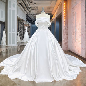 Off the Shoulder High Quality Satin Wedding Dress with Pearls and Appliques