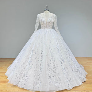 Long Sleeve Classic Ball Gown Wedding Dress with Lace Up Back O-Neck Robe De Mariage