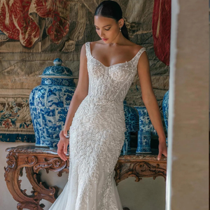 Off-the-Shoulder Mermaid Wedding Dress with Detachable Train & Beaded Lace