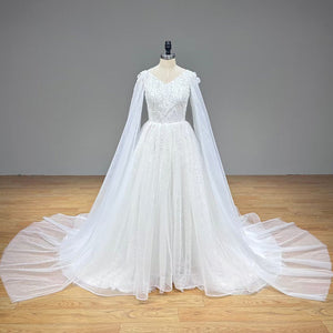 Elegant V-Neck A-Line Wedding Dress with Pearls Lace Zipper Back Modern Design Bridal Gown