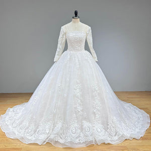 Gorgeous Long Sleeve Satin Ball Gown Wedding Dress Backless Vintage Sequined Beading