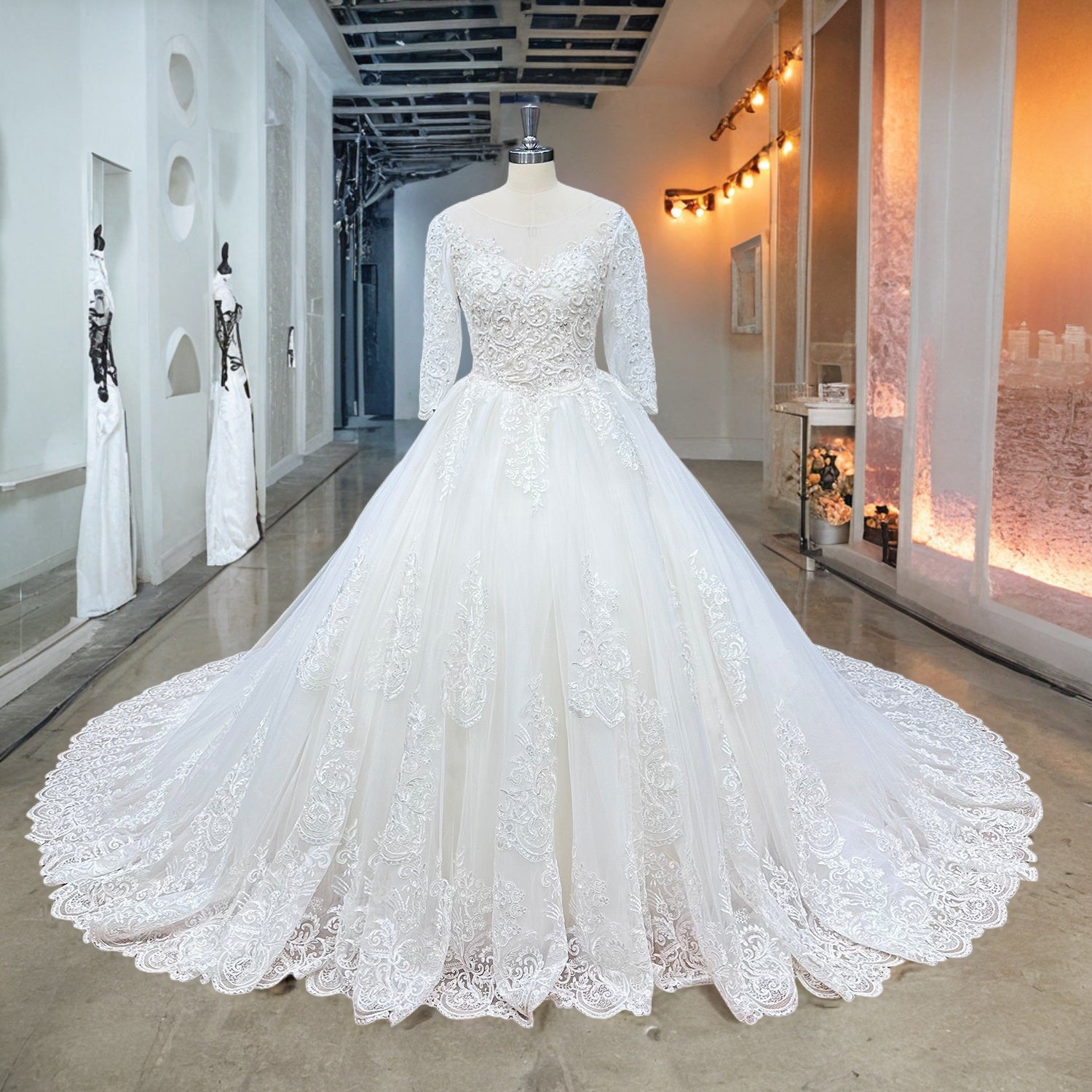 Half Sleeve Ball Gown Wedding Dress with Pearls Appliques and Corset Back