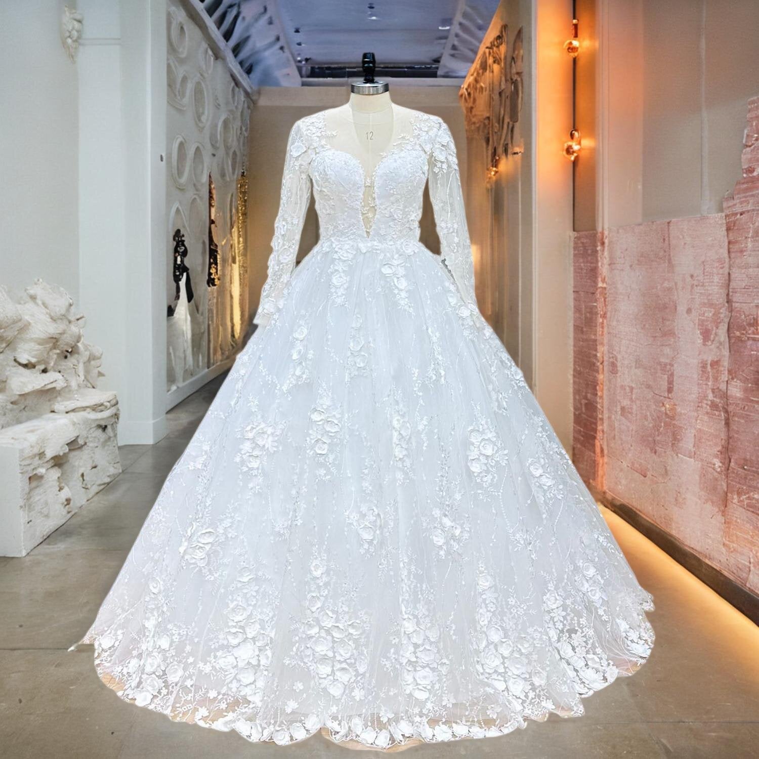 Long Sleeve Back Button Lace Ball Gown Wedding Dress with Floral Details