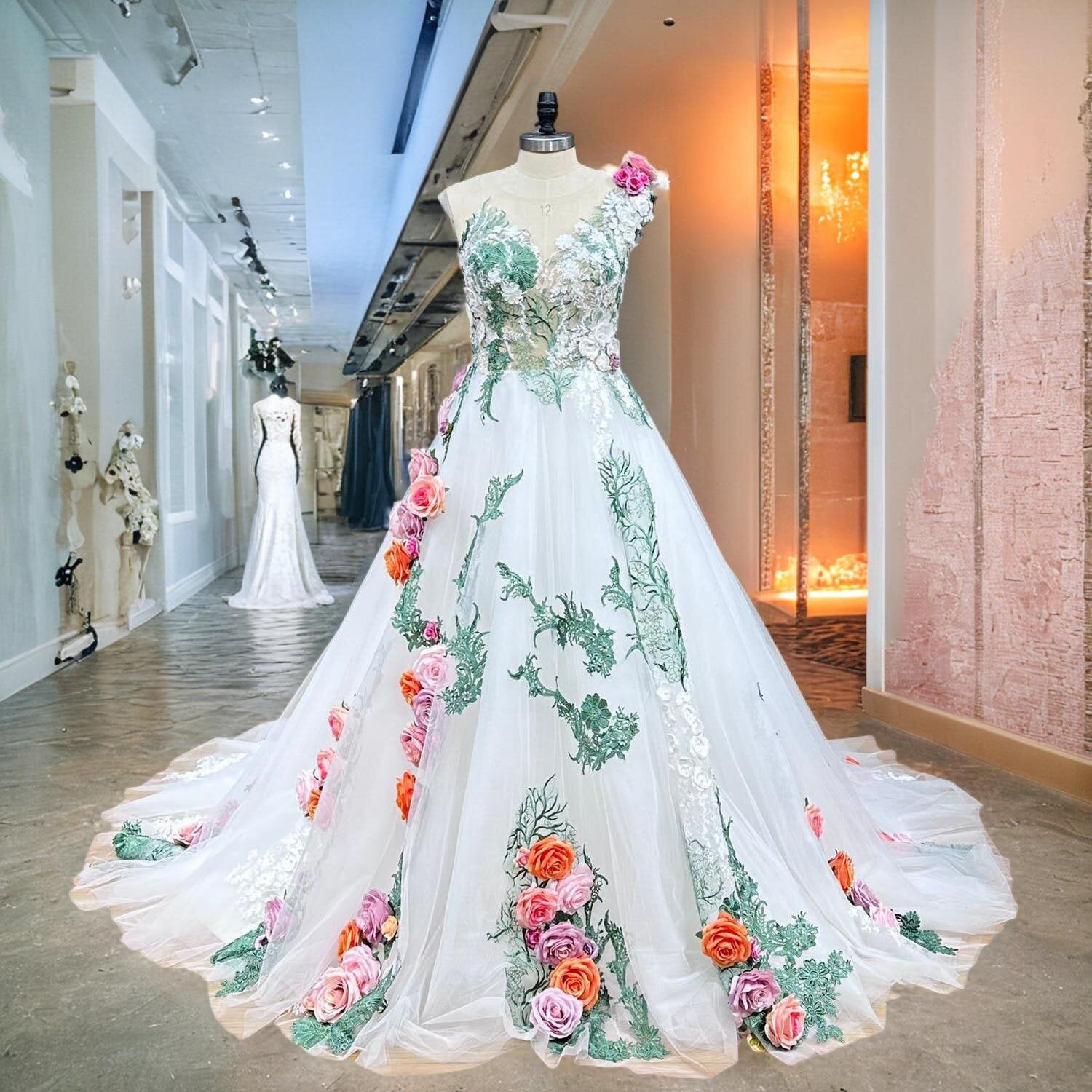 Colorful Tulle Ball Gown Wedding Dress with 3D Flowers Off the Shoulder