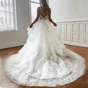 White Tulle Appliqué A-Line Wedding Dress with Spaghetti Straps