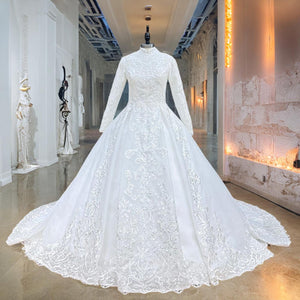 Hire Lnyer High Neck Beaded Long Sleeve Princess Ball Gown Wedding Dress