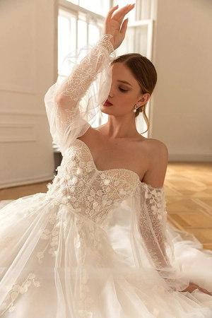 Off-Shoulder Lace A-line Wedding Gown with Long Sleeves & Sweetheart Neckline