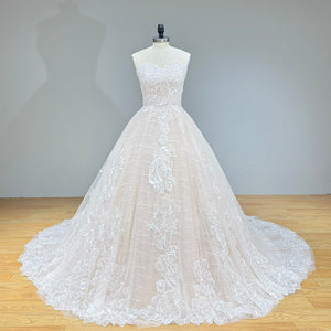 Vintage Off Shoulder Sequined Appliques Lace Up Back Wedding Dress