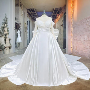 Light Effect Satin Wedding Dress with Chapel Train and Detachable Big Bow