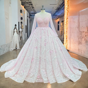 Crystal Beaded Ball Gown Wedding Dress with Handmade Flowers Long Sleeve