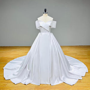 Off the Shoulder High-Quality Satin Ball Gown Wedding Dress with Button Back and Zipper