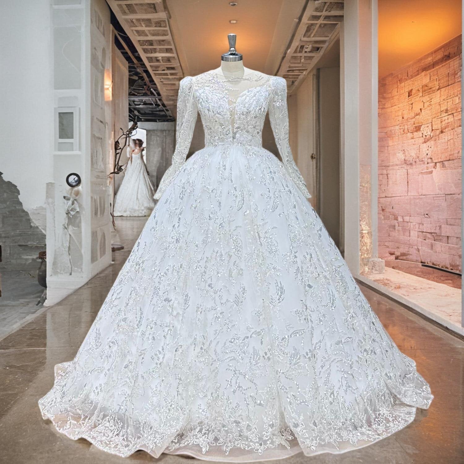 Elegant Long Sleeve Ball Gown Wedding Dress with Illusion Back