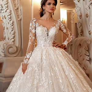 Lace Chapel Train Ball Gown Wedding Dress with Beaded Long Sleeves