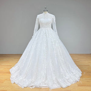 New Beaded Pearls Long Sleeve Ball Gown Wedding Dress High Neck Luxury