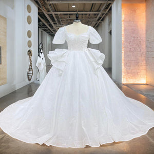 Glitter Short Sleeve Ball Gown Sweetheart Neck Tassel Back Luxury Wedding Dress