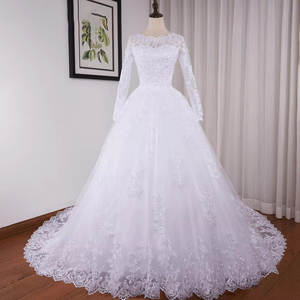 Princess Ball Gown Wedding Dress Long Sleeve Plus Size Lace Beading Bridal Gown