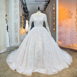 New Arrival Long Sleeve Ball Gown Wedding Dress with Illusion Back and Sequined Appliques