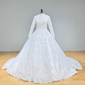 Hire Lnyer High Neck Beaded Long Sleeve Princess Ball Gown Wedding Dress