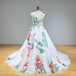 Colorful Tulle Ball Gown Wedding Dress with 3D Flowers Off the Shoulder